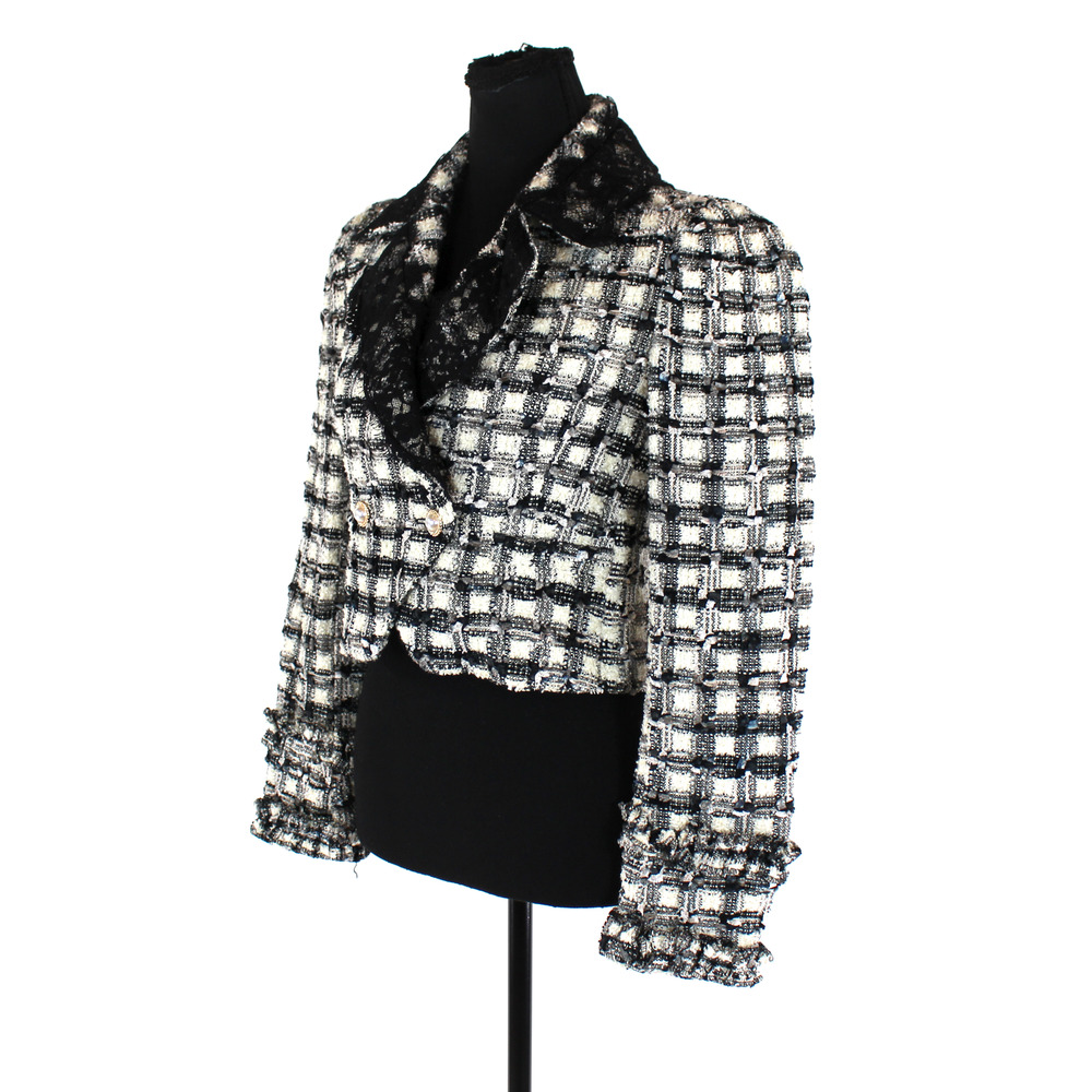 LoveShackFancy Lace Black Plaid Patrick Blazer 2 NEW Cropped Ivory Tweed Jacket - Picture 3 of 9